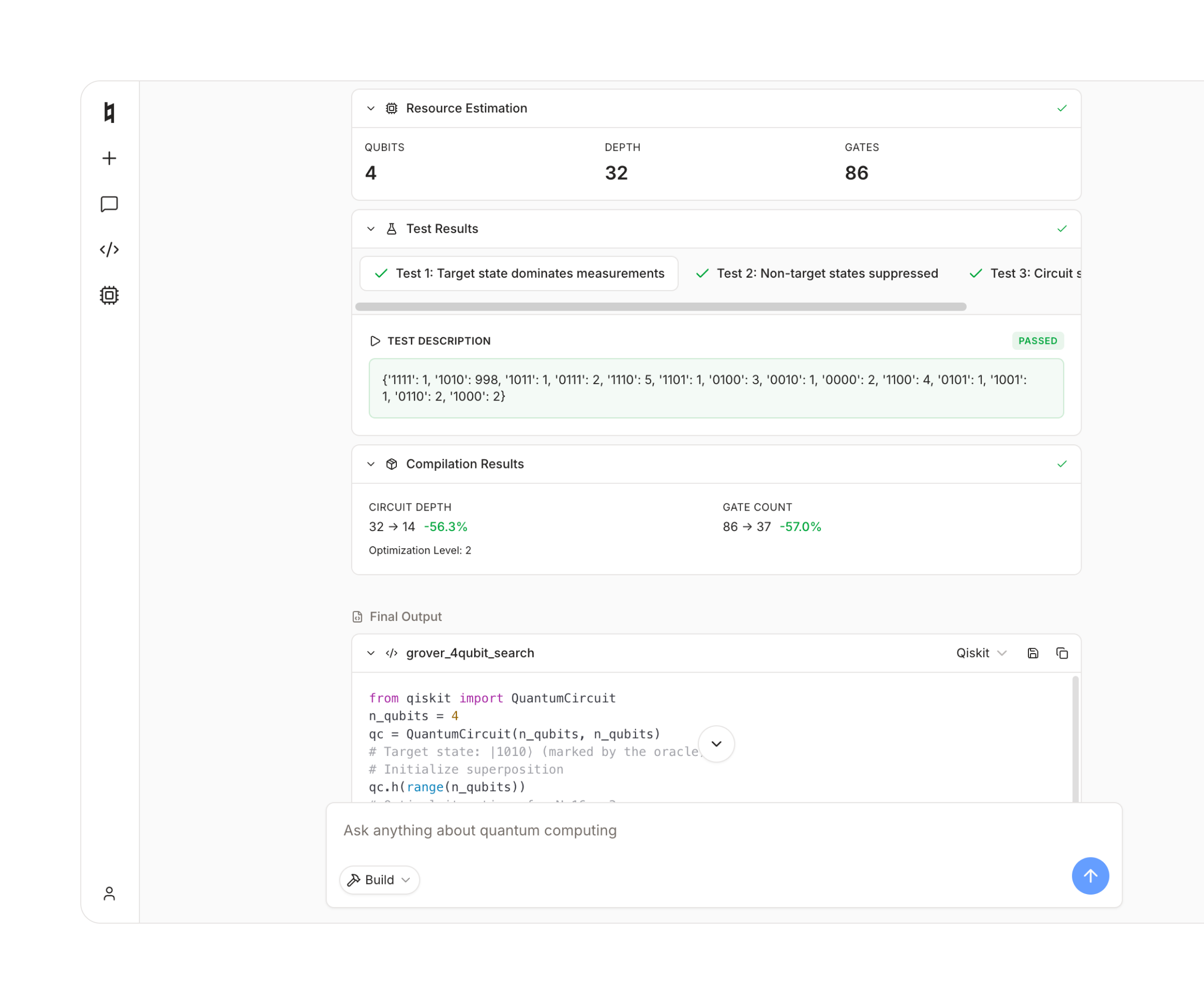 Coda Build mode with code quality checks, test results, and compilation output